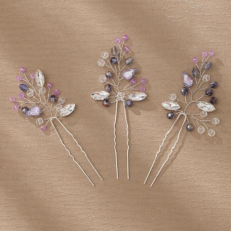 3pcs Crystal Leaf Hair Pins Forks Clips Bridal Wedding Hair Accessories Jewelry