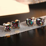 925 Silver Square Round Colorful Topaz Gemstone Stud Earrings
