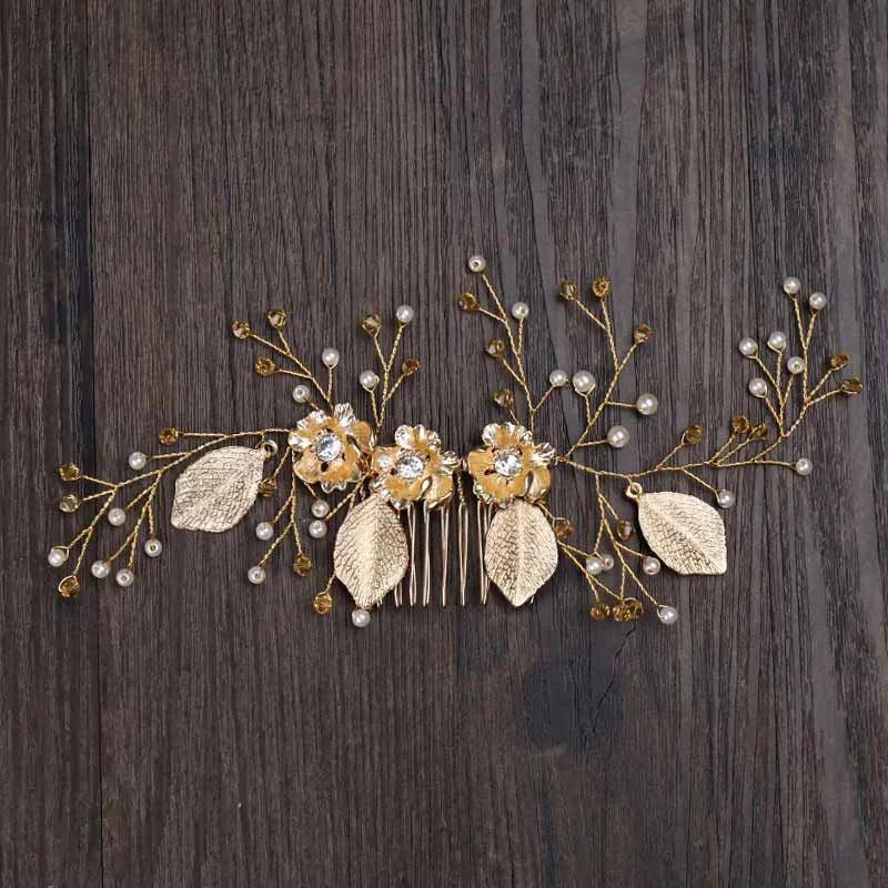 Golden Leaves Hair Combs Bride Wedding Hair Accessories Floral Pearl Hairpin