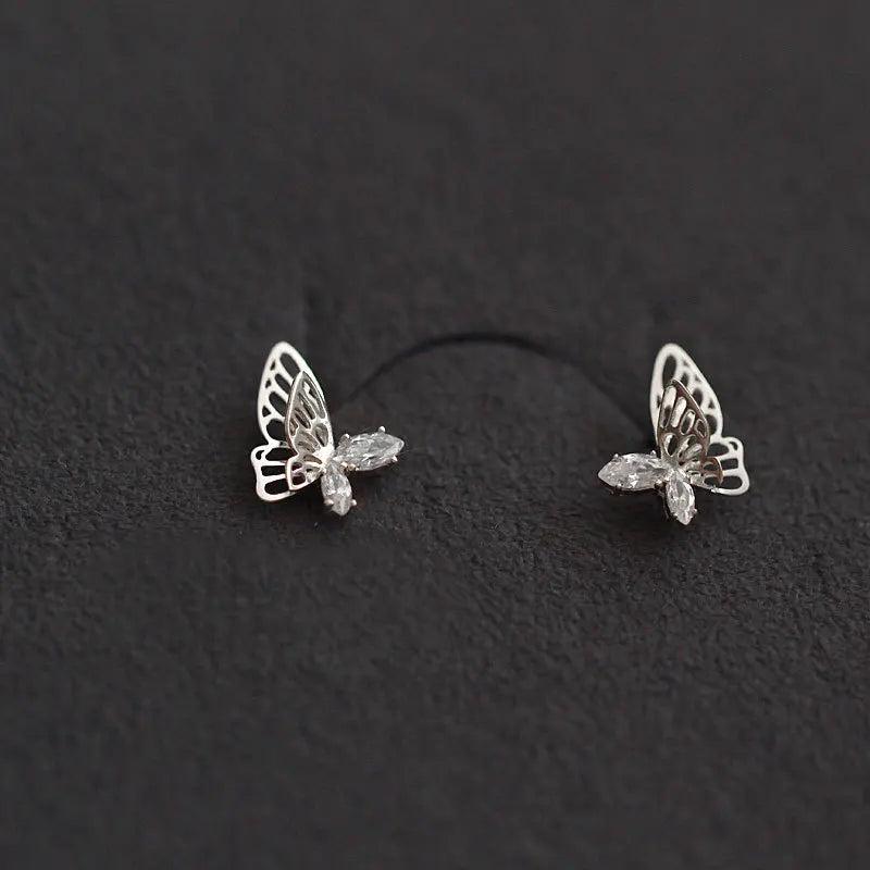 925 Silver Asymmetric Hollow Butterfly Stud Earrings with Crystals