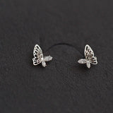 925 Silver Asymmetric Hollow Butterfly Stud Earrings with Crystals