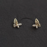 925 Silver Asymmetric Hollow Butterfly Stud Earrings with Crystals