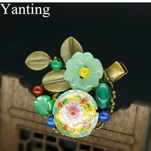 Vintage Copper Alloy Leaf Hair Clip Cloisonne Glass Flower Pin