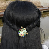 Vintage Copper Alloy Leaf Hair Clip Cloisonne Glass Flower Pin