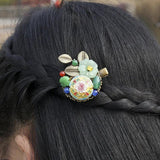 Vintage Copper Alloy Leaf Hair Clip Cloisonne Glass Flower Pin