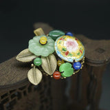 Vintage Copper Alloy Leaf Hair Clip Cloisonne Glass Flower Pin