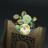 Vintage Copper Alloy Leaf Hair Clip Cloisonne Glass Flower Pin
