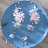 2pcs Pink Flower Hair Clips Hanfu Hair Accessrories Tassel Hairpin Bars