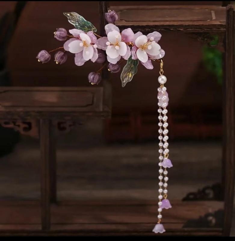 Purple Flower Hairpins Side Clips Chinese Hair Accessories Pendant Pearl Headpie