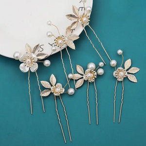 Pearl Wedding Hairpin Golden Floral Hair Clips Fork