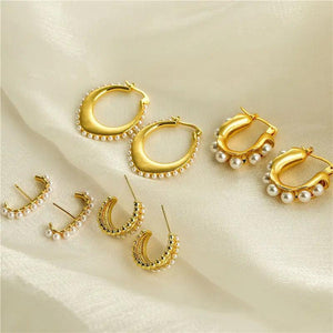 HECHENG Elegant Artificial Pearl Brass Hoop Earrings for Women