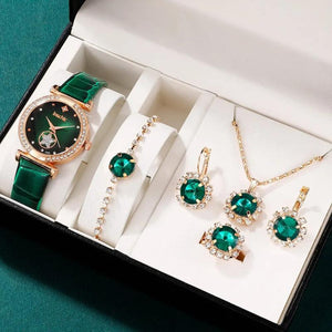 Green Quartz Watch Set: Ring, Necklace, Earring, Rhinestone Wristwatch