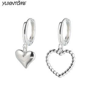 925 Silver Hollow Heart Hoop Earrings Asymmetrical Design for Women