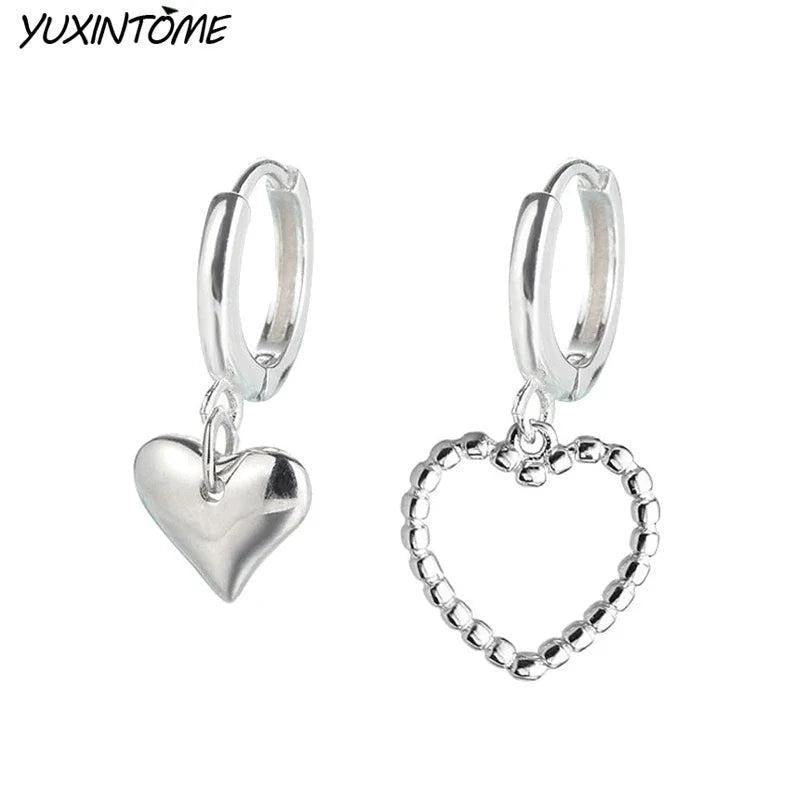 925 Silver Hollow Heart Hoop Earrings Asymmetrical Design for Women