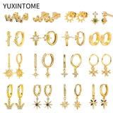 925 Silver Crystal Octagram Star Hoop Earrings Women