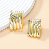 Metal Square Striped Wave Large Stud Earrings Retro Exaggerated Classic