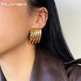 Metal Square Striped Wave Large Stud Earrings Retro Exaggerated Classic