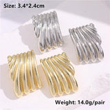 Metal Square Striped Wave Large Stud Earrings Retro Exaggerated Classic