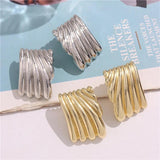Metal Square Striped Wave Large Stud Earrings Retro Exaggerated Classic