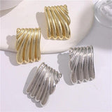 Metal Square Striped Wave Large Stud Earrings Retro Exaggerated Classic