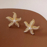 Vintage Pearl Star Metal Starfish Earrings For Women Party Gift E176