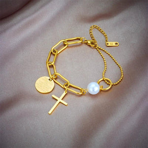 316L Stainless Steel Cross Heart Portrait Coin Charm Bracelet For Women