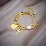 316L Stainless Steel Cross Heart Portrait Coin Charm Bracelet For Women