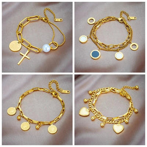 316L Stainless Steel Cross Heart Portrait Coin Charm Bracelet For Women