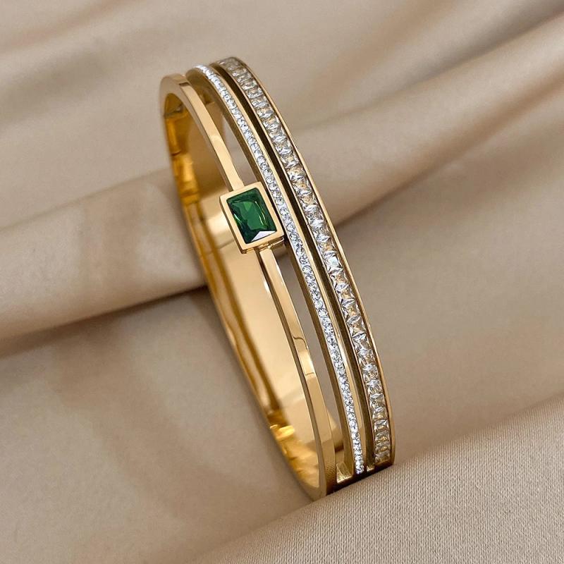 Stainless Steel Cuff Bracelet Green Rhinestone Bangle Gift