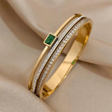 Stainless Steel Cuff Bracelet Green Rhinestone Bangle Gift