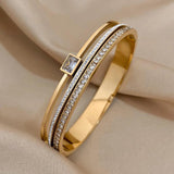 Stainless Steel Cuff Bracelet Green Rhinestone Bangle Gift