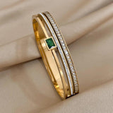 Stainless Steel Cuff Bracelet Green Rhinestone Bangle Gift