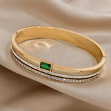 Stainless Steel Cuff Bracelet Green Rhinestone Bangle Gift
