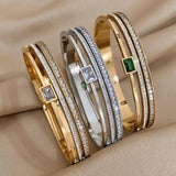 Stainless Steel Cuff Bracelet Green Rhinestone Bangle Gift
