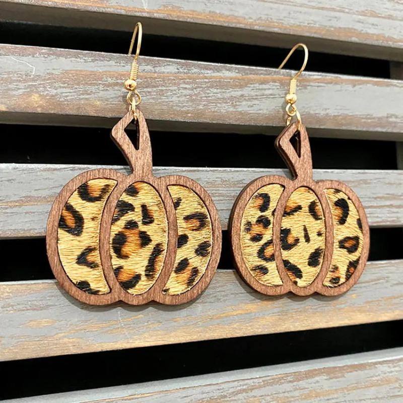 Leopard Leather Wood Pumpkin Earrings Thanksgiving Fall Jewelry