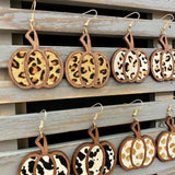 Leopard Leather Wood Pumpkin Earrings Thanksgiving Fall Jewelry