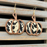 Leopard Leather Wood Pumpkin Earrings Thanksgiving Fall Jewelry