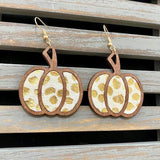 Leopard Leather Wood Pumpkin Earrings Thanksgiving Fall Jewelry