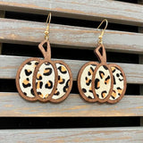 Leopard Leather Wood Pumpkin Earrings Thanksgiving Fall Jewelry