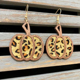 Leopard Leather Wood Pumpkin Earrings Thanksgiving Fall Jewelry