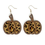 Leopard Leather Wood Pumpkin Earrings Thanksgiving Fall Jewelry