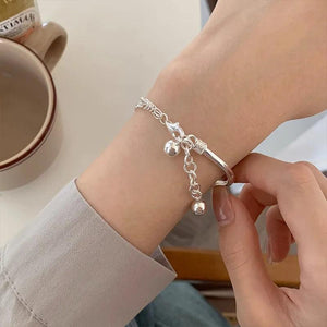 925 Silver Double Layer Bell Bracelet for Women Girl Asymmetry Bead
