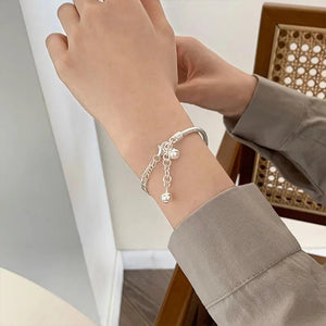 925 Silver Double Layer Bell Bracelet for Women Girl Asymmetry Bead