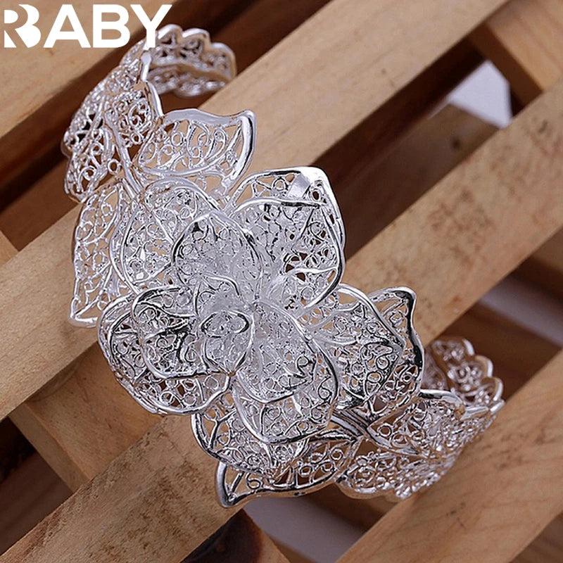 925 Silver Bangle Engagement Retro Flower Bracelet