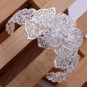 925 Silver Bangle Engagement Retro Flower Bracelet