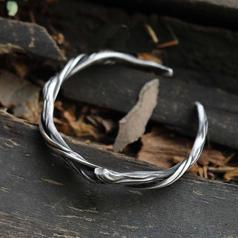 Silver 925 Men's Branch Bangle Bracelet Wood Pattern Hand Accessory