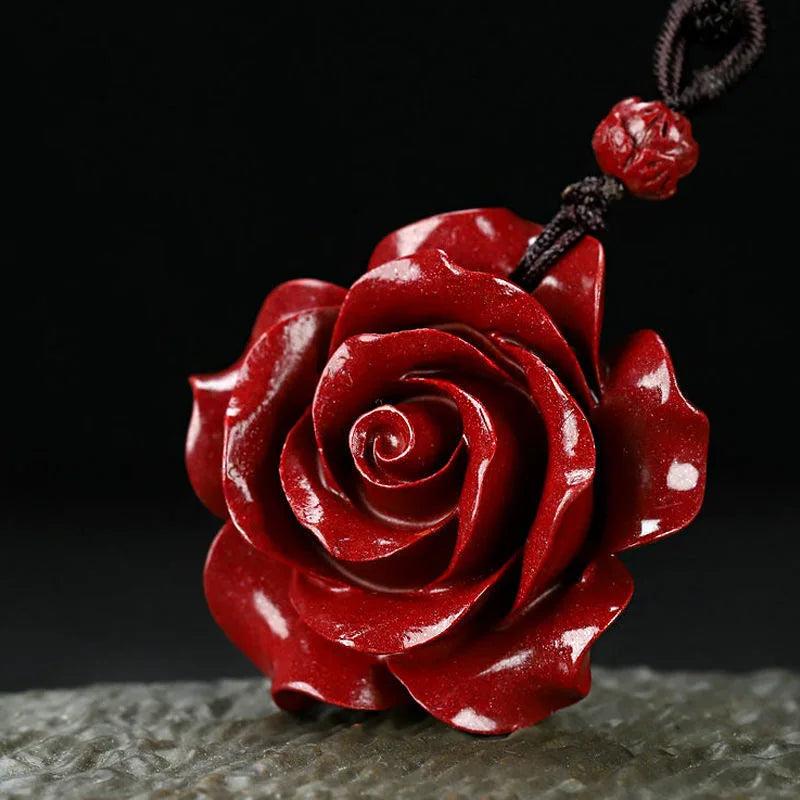 Cinnabar Jade Rose Flower Pendant Necklace for Luck Gift Sweater Chain