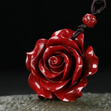 Cinnabar Jade Rose Flower Pendant Necklace for Luck Gift Sweater Chain