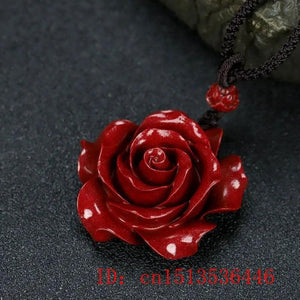 Cinnabar Jade Rose Flower Pendant Necklace for Luck Gift Sweater Chain