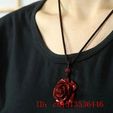 Cinnabar Jade Rose Flower Pendant Necklace for Luck Gift Sweater Chain